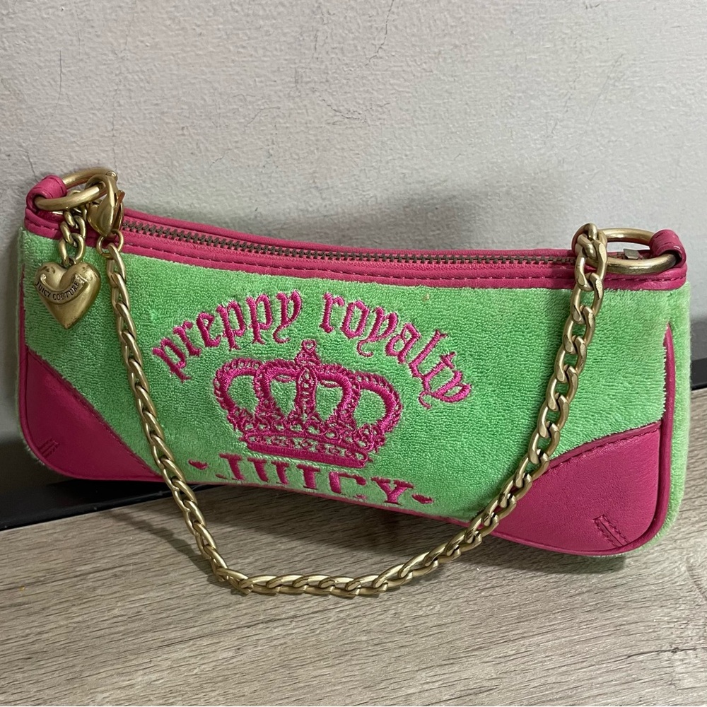 VINTAGE Y2k JUICY COUTURE Green & Pink PREPPY ROYALTY Gold CHAIN Mini BAG Purse - Picture 3 of 5